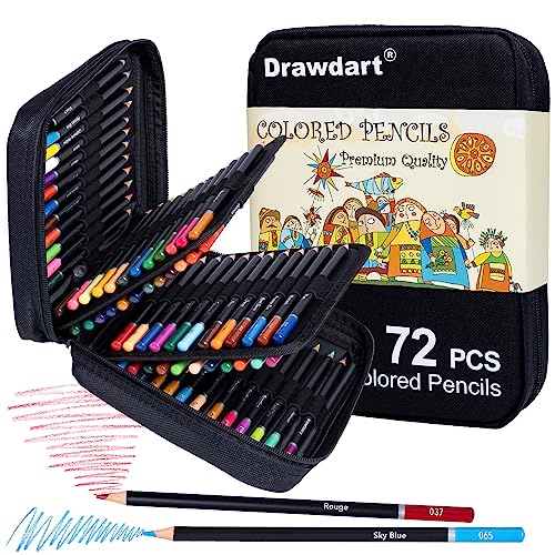 Drawdart Colored Pencils for Adult Coloring, 72-Color Professional Soft Core Drawing Sketching Shading Pencils Set with Zipper Case, Coloring Pencils