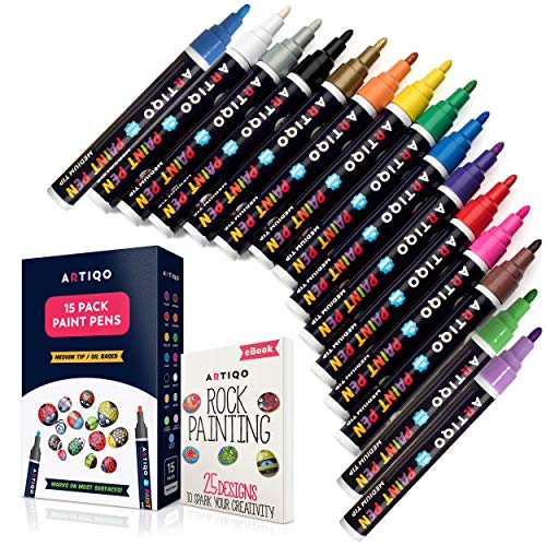 Paint pens for Rock Painting - Wood, Glass, Metal and Ceramic Works on Almost All Surfaces Set of 15 Vibrant Medium tip Oil Paint Marker Pens, Quick ARTIQO