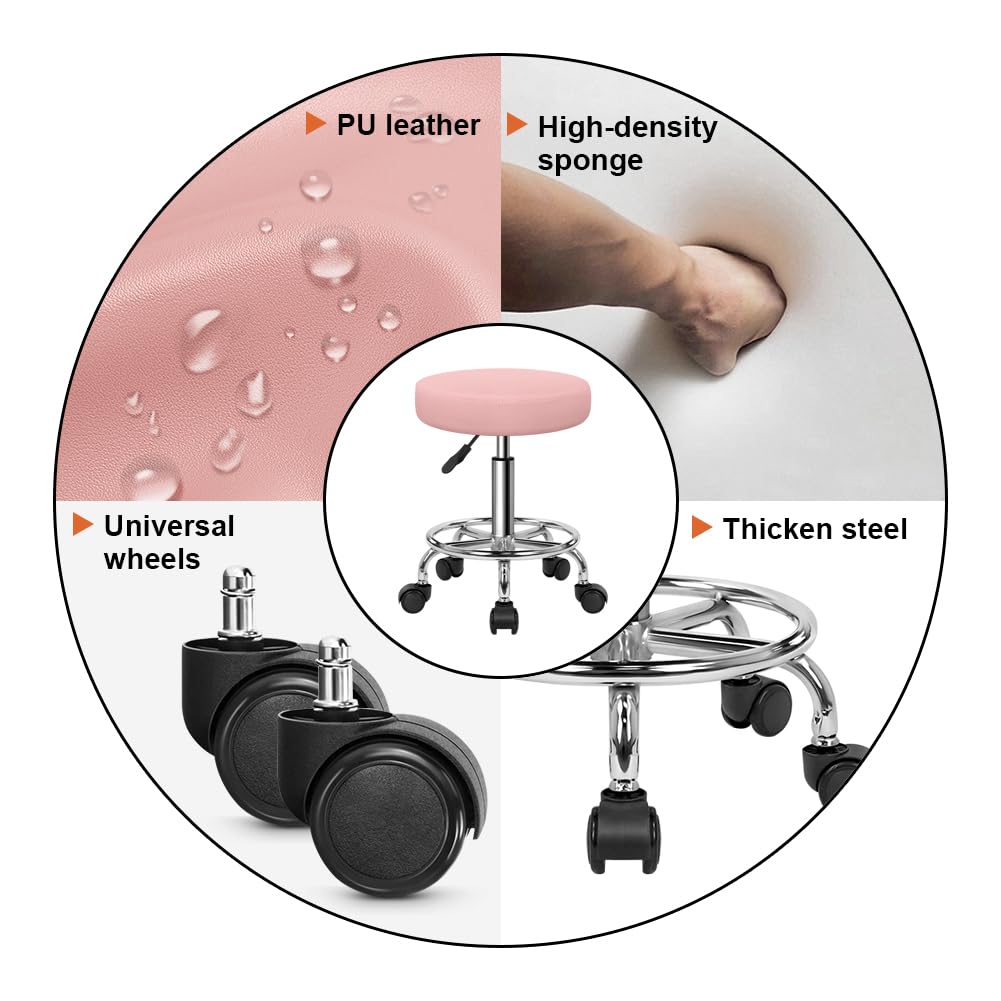 KKTONER PU Leather Round Rolling Stool with Foot Rest Swivel Height Adjustment Spa Drafting Salon Tattoo Work Office Massage Stools Task Chair (Pink) KKTONER