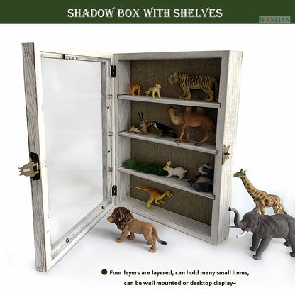 Large Shadow Box with Shelves, 11x16 Wooden Shadow Box Display Cabinet with Acrylic Window, 3 Removable Shelves and Linen Back, for Displaying Photo