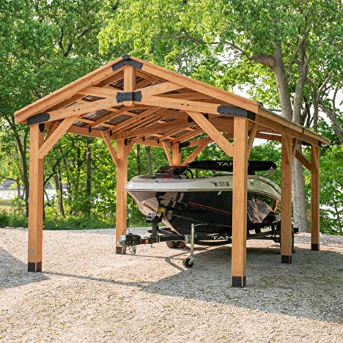 Backyard Discovery Norwood 20 ft. x 12 ft. All Cedar Wooden Carport Pavilion Gazebo with Hard Top Steel Roof Backyard Discovery