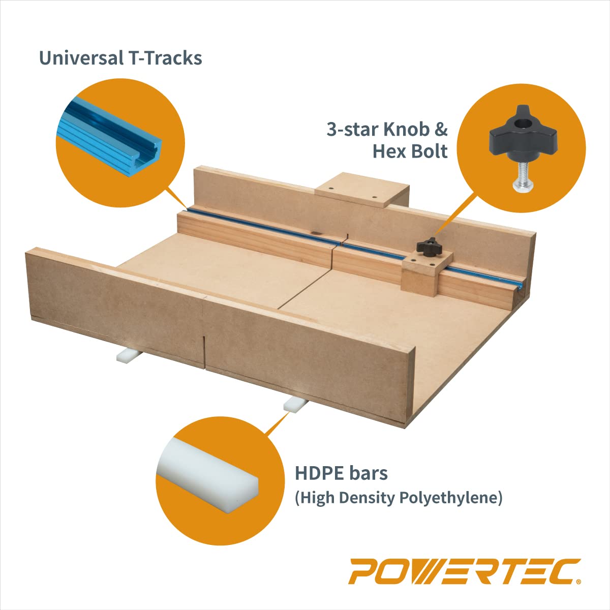 POWERTEC 71673 Table Saw Sled Kit w/T-Tracks, Miter Bars, Knob, Bolt and Screws Set POWERTEC