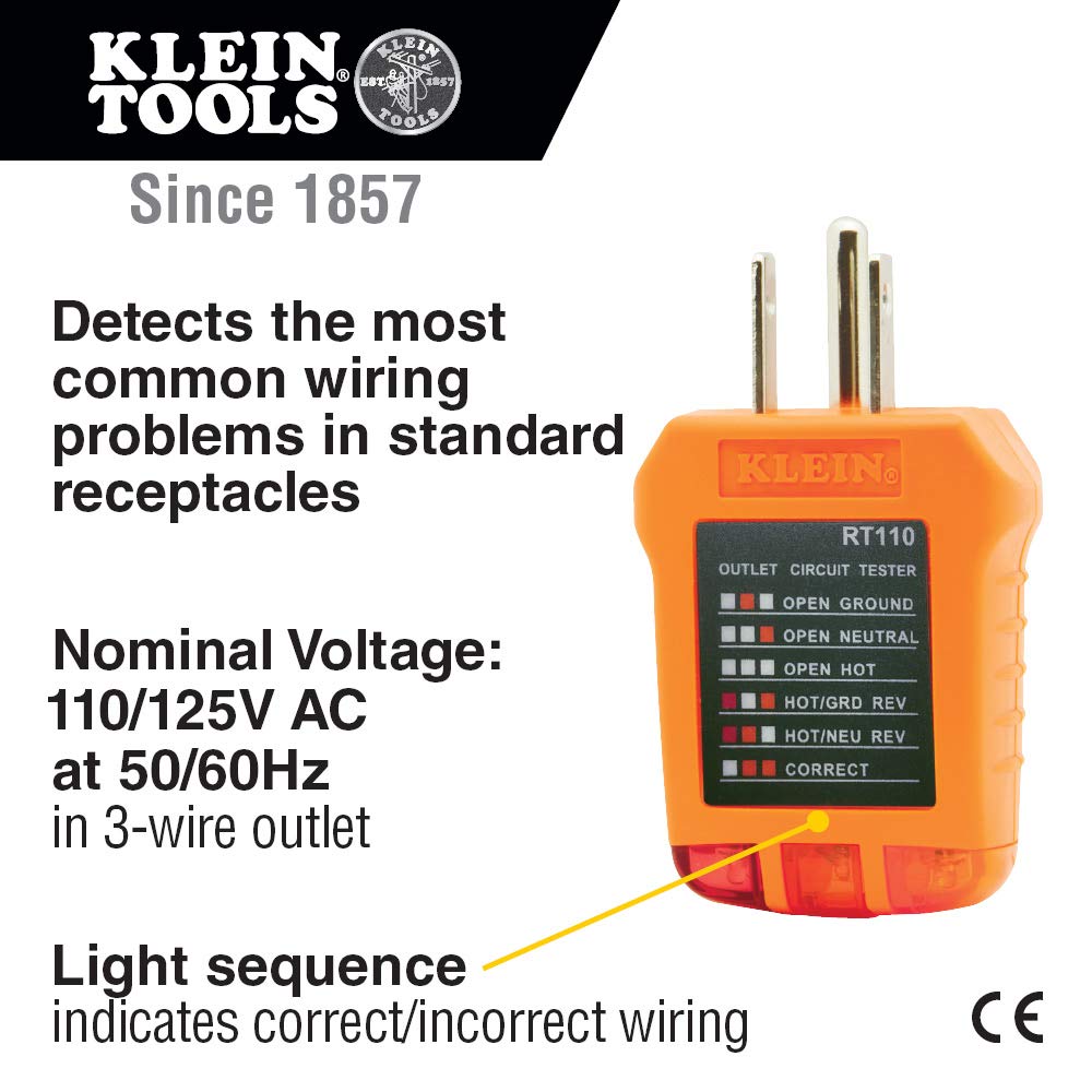 Klein Tools RT110 Outlet Tester, AC Electrical Receptacle Tester for North American Outlets Klein Tools
