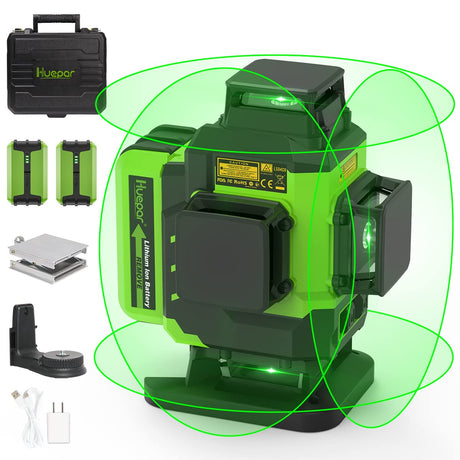 Huepar 4x360 Laser Level Self-leveling 16 Lines Green Beam 4D Cross Line Tiling Floor Tool-2 x 360 Horizontal & 2 x 360 Vertical Laser Lines with Two Huepar