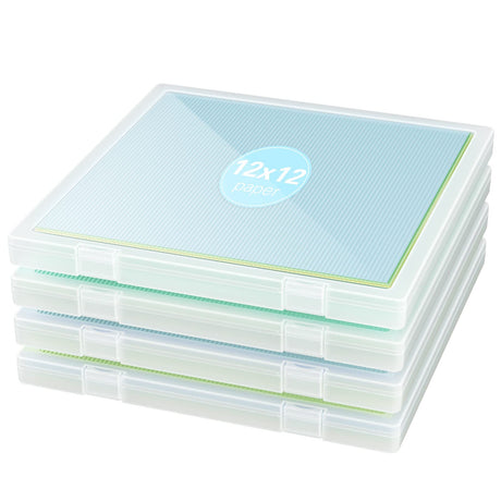 Denkee 12 x 12 Paper Storage, 4 Pack Scrapbook Storage Box for 12" x 12" Paper, Plastic Portable Project Case, Slim Documents Magazines Paper Denkee