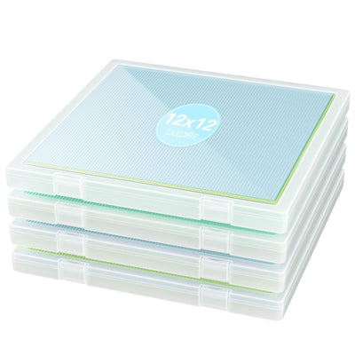 Denkee 12 x 12 Paper Storage, 4 Pack Scrapbook Storage Box for 12" x 12" Paper, Plastic Portable Project Case, Slim Documents Magazines Paper