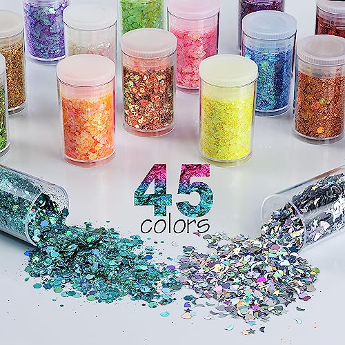 Holographic Chunky and Fine Glitter Mix, 45 Colors Craft Glitter for Epoxy Resin Arts, Iridescent Nail Glitter, Cosmetic Eye Hair Face Body Glitter, Linwulte