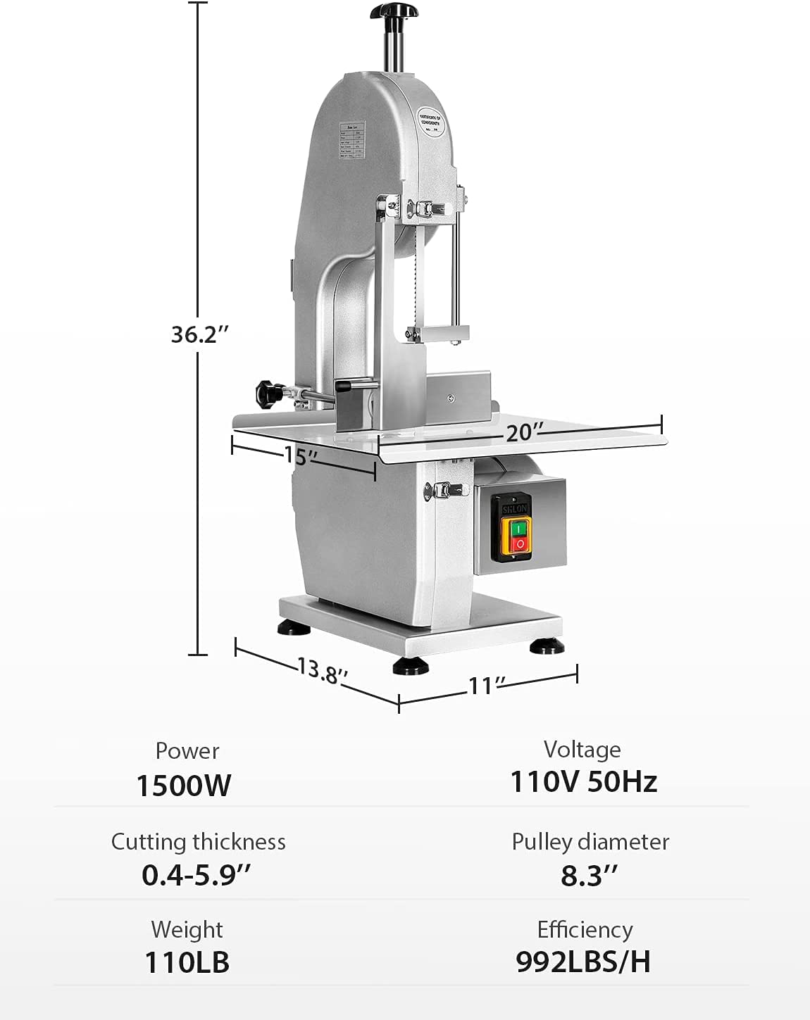 1500W Electric Bone Saw Machine, 0.8-5.9 Inch Cutting Thickness, 2.6 HP Frozen Meat Cutter 110V Commercial Bandsaw, 20x15in Table Sawing for Fish Rocita
