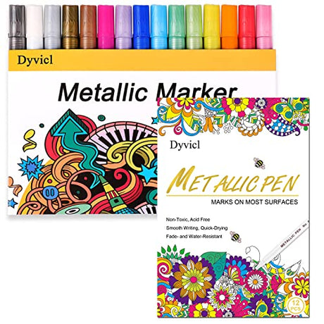 Dyvicl Metallic Marker Pens - 12 Colors Hard Fine Tip Metallic Markers and Metallic Markers Paint Markers Dyvicl
