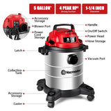 Vacmaster VOC508S 1102 5 Gallon Stainless Steel Wet Dry Shop Vacuum and 3 Gallon Ash Tank Combo Vacmaster