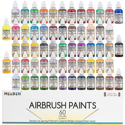 MEEDEN Airbrush Paint Set, 60 Colors/30ml Airbrush Paints Contain Metallic and Neon Paints, Ready to Spray, Water Based, for Wood, Models, Leather
