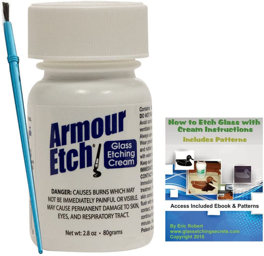 Glass Etching Secrets Cream by Armour Etch: 2.8 oz Bottle + How to Etch eBook & Brush Kit - WoodArtSupply