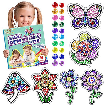 Window Suncatcher Gem Art Diamond Painting Kits for Kids - Fun Arts & Crafts 6 Sheets Flowers Gem Art Painting Kits by Numbers for Girl, Birthday