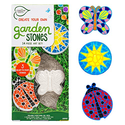 Creative Roots Mosaic Butterfly, Ladybug, & Sun Stepping Stone, Includes 3-Pack 4.5-Inch Ceramic Stepping Stone & 6 Vibrant Paints, Paint Your Own - WoodArtSupply