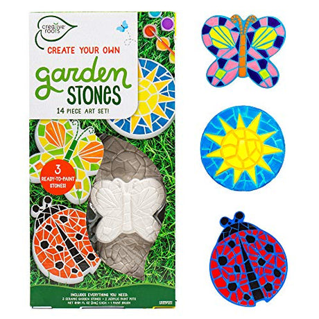 Creative Roots Mosaic Butterfly, Ladybug, & Sun Stepping Stone, Includes 3-Pack 4.5-Inch Ceramic Stepping Stone & 6 Vibrant Paints, Paint Your Own Creative Roots