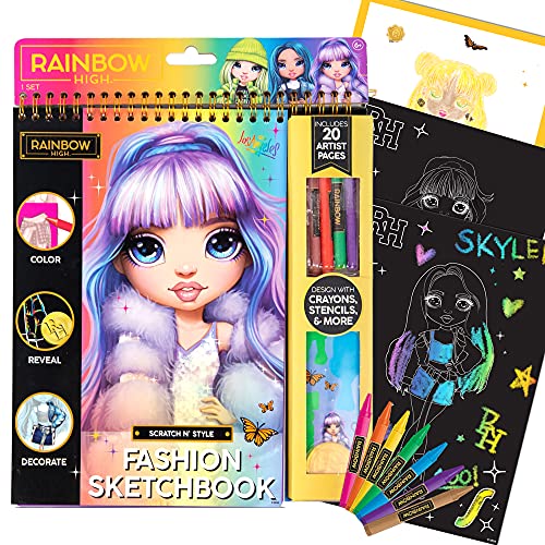 Horizon Group USA Rainbow High Scratch ‘n Style Fashion Sketchbook, Scratch Art, Coloring Book, Includes Stencils, Crayons, Scratch Art Stickers & Horizon Group USA