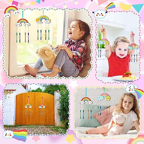 TREACLUB 12 Pack DIY Wind Chime Kits for Kids, Make Your Own Rainow Wind Chime DIY Coloring Star Moon Sun Make A Wind Chime Kits Wooden Arts and TREACLUB