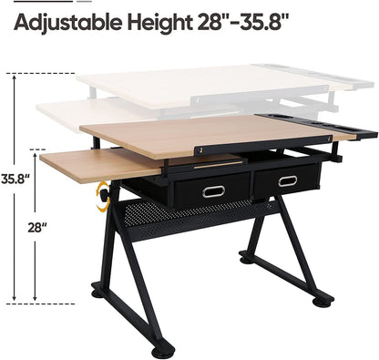 BBBuy Drafting Table Desk Art&Craft Work Station Drawing Desk Height Adjustable Tilting Tabletop Craft Table w/Stool and 2 Storage Drawers for Home