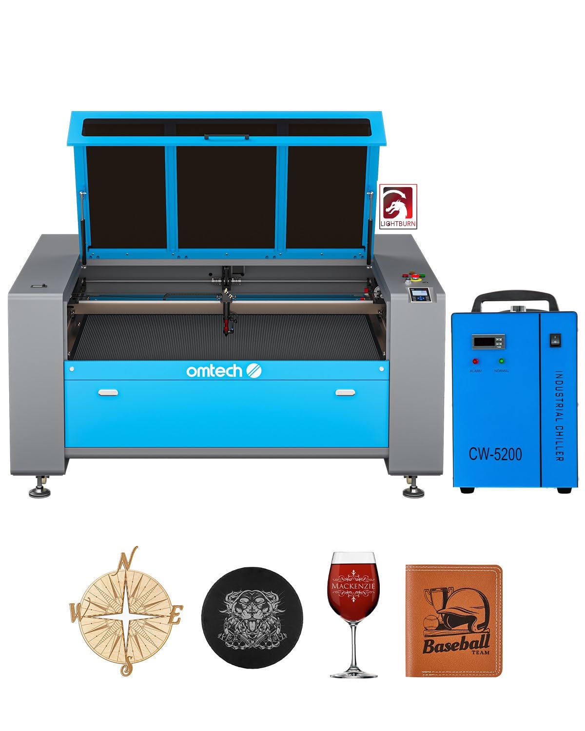 OMTech 130W CO2 Laser Engraver with LightBurn & Water Chiller, 35x55 Inch Laser Cutting Engraving Machine with Autofocus Autolift 3 Way Pass Air