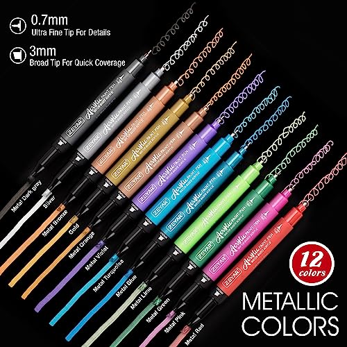 ZEYAR Acrylic Paint Pen, Needle Extra Fine and Chisel Point, 12 Metallic Colors, Waterproof Ink, Works on Rock, Wood, Glass, Metal, Ceramic and More ZEYAR