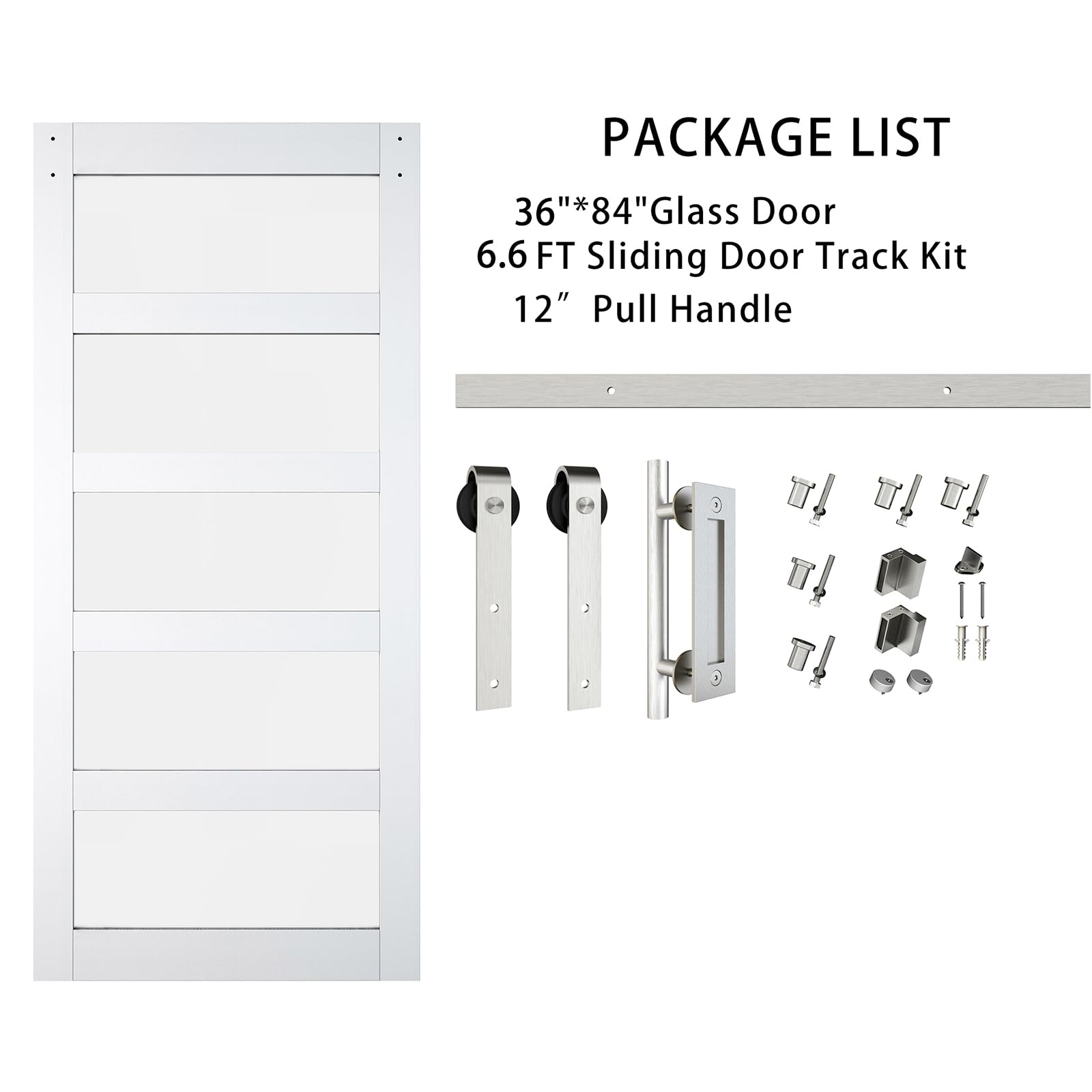 BARNSMITH 36in x 84in Glass Barn Door with 6.6FT Brushed Nickle Sliding Door Hardware Kit Included & Handle,5-Panel Frosted Glass Solid Wood - WoodArtSupply