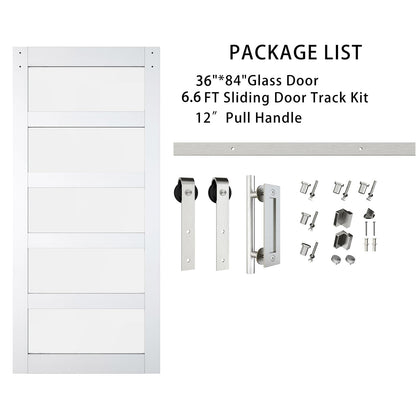 BARNSMITH 36in x 84in Glass Barn Door with 6.6FT Brushed Nickle Sliding Door Hardware Kit Included & Handle,5-Panel Frosted Glass Solid Wood - WoodArtSupply