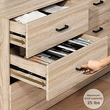 Bigbiglife Wood Dresser for Bedroom, 6 Drawer Double Dresser with Metal Handles, 15.8" D x 47.2" W x 27.7" H, Light Oak Bigbiglife