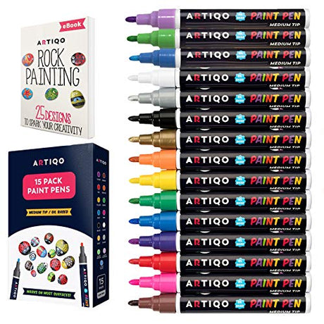 Paint pens for Rock Painting - Wood, Glass, Metal and Ceramic Works on Almost All Surfaces Set of 15 Vibrant Medium tip Oil Paint Marker Pens, Quick ARTIQO