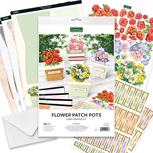 Katy Sue Flower Patch Pots Card Making Kit - Contains 8 Cards, 8 Envelopes, 3 Sheets of Floral Die Cut Decoupage & 2 Sheets of Foiled & Die Cut Katy Sue