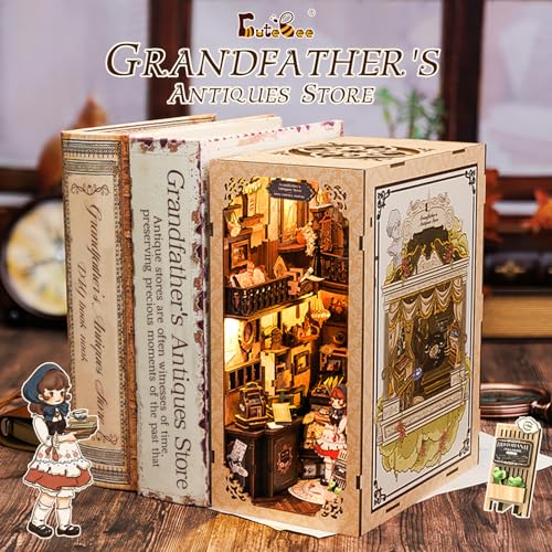 CUTEBEE DIY Bookshelf Kit with Dust Cover, DIY Dollhouse Bookshelf Insert Decoration, Old Scent Antique Shop, Bookstop Model Building - Creative Kit