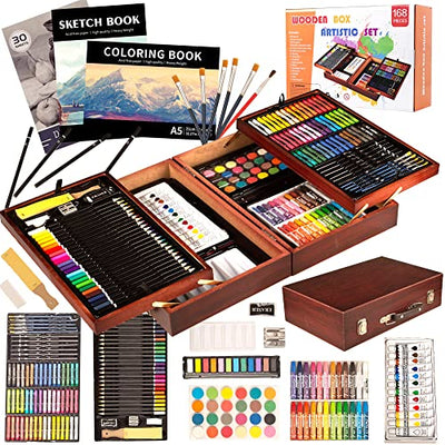 KINSPORY 168-Pack Art Supplies, Deluxe Wooden Art Set Crafts Drawing Painting Coloring Kit, Coloring Book, Sketch Pads Creative Gift Box for Artist