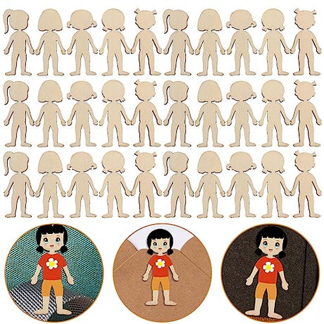 Wooden Boy Girl Cutout 50pcs Wood Female Shapes Unfinished Wooden Cutout Blank Wooden Slices for DIY Painting Staining Burning Crafts Projects DIY HOMSFOU