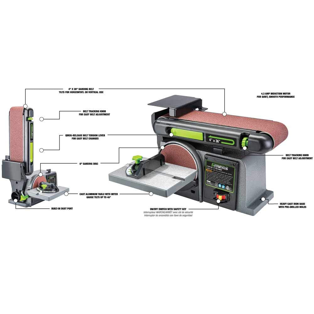 Genesis 4.3 Amp 4 in. x 36 in. Belt 6 in. Disc Combination Sander with Cast Iron Base and Miter Gauge GBDS430 - WoodArtSupply