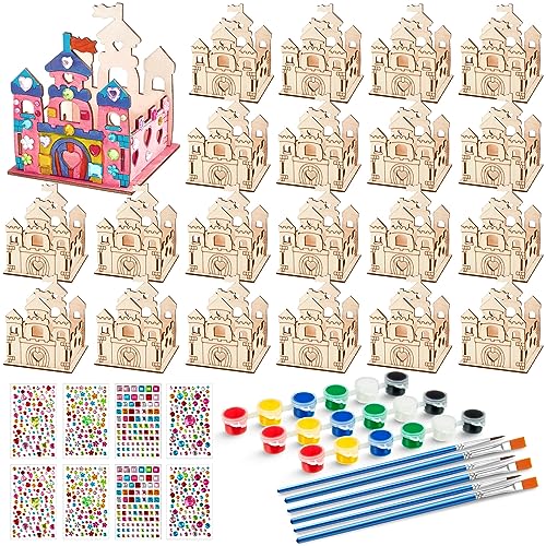 Zhanmai 24 Set Paint Wooden Castle Crafts Kit DIY Princess Castle Wooden Crafts Kit with Paint Brushes and Rhinestone Stickers for Kids Girls - WoodArtSupply