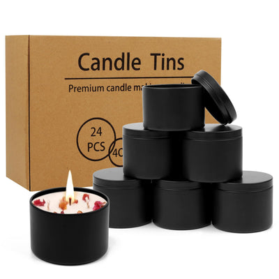 DINGPAI 24 Pcs Black Candle Tins, 4 oz Black Empty Candle Tin with Lids for DIY Candles Making, Matte Full Black Candle Jars for Candle Making,