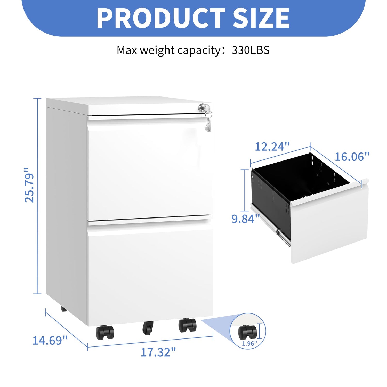 DARTIIA File Cabinet 2 Drawer with Lock No Assembly Required Lateral Office Storage Cabinet Metal Filing Cabinet for Home Office Mobile Rolling File DARTIIA