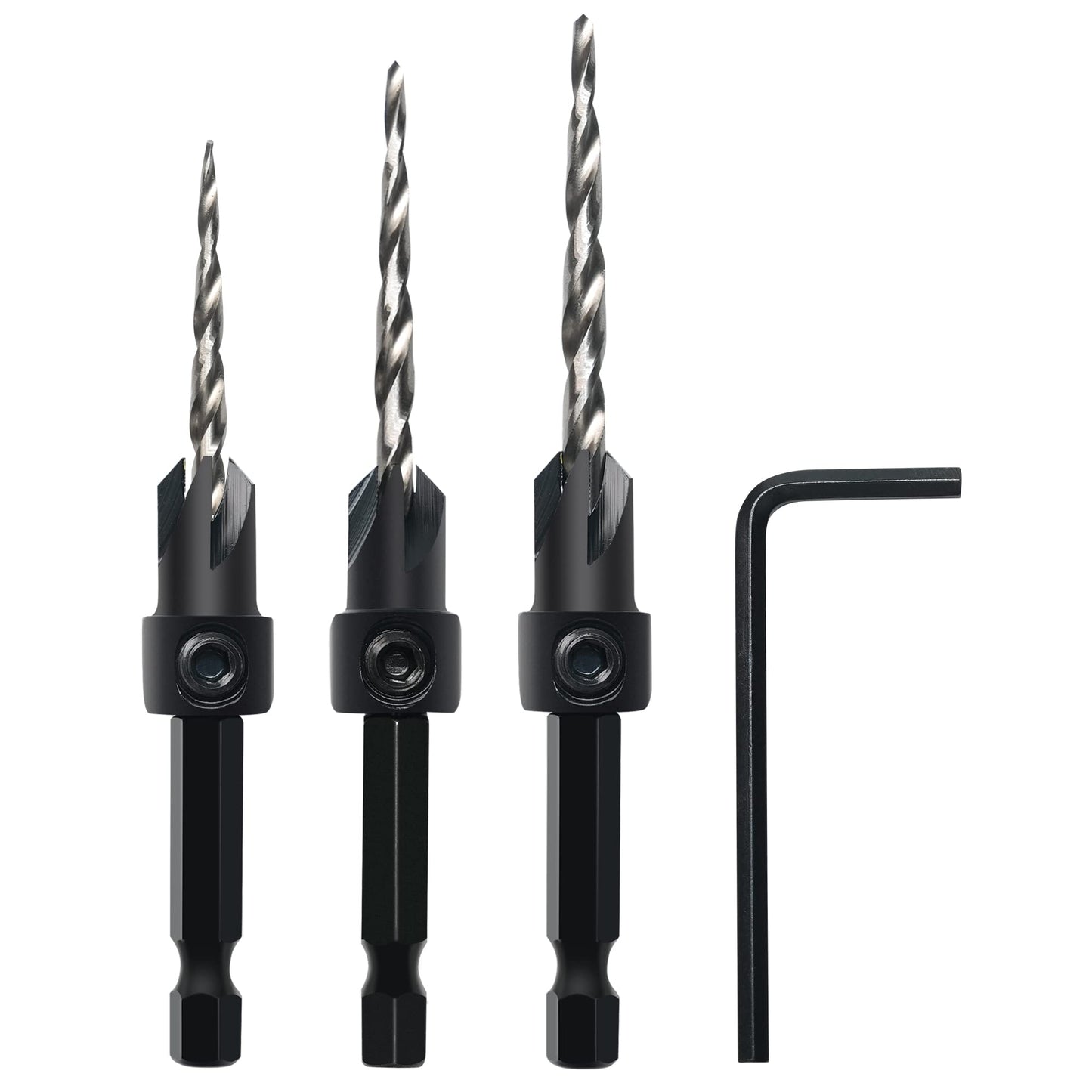 GMTOOLS Countersink Drill Bit Set, 3Pcs Tapered Drill Bits M2 HSS, with 1/4" Hex Shank Quick Change and Allen Wrench, Counter Sinker Set for