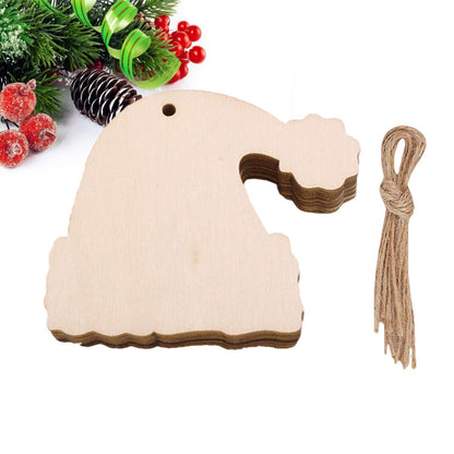 Amosfun 10pcs Unfinished Wooden Santa Hat with Jute Twines Wood Slices for DIY Crafts Hanging Christmas Tree Decorations Ornaments Wooden Xmas Party