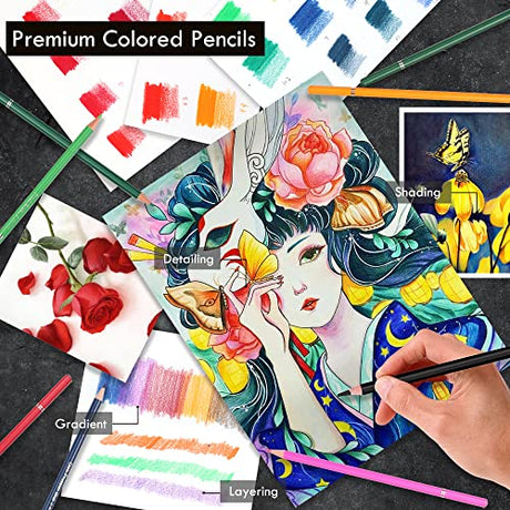 KALOUR 180 Colored Pencil Set for Adults Artists kids- 3.3mm Rich Pigment Soft Core -12 Metallic Pencil - Wax-Based - Ideal for Coloring Drawing KALOUR