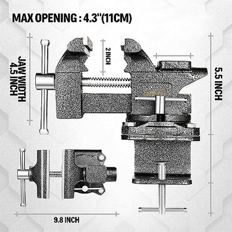 Updated 2-In-1 Bench Vise or Table Vise 4.5 Inch, Clamp Vice for Workbench Constructed with Cast Steel, Heavy Duty Workbench Vise Swivel for Gottinfurt