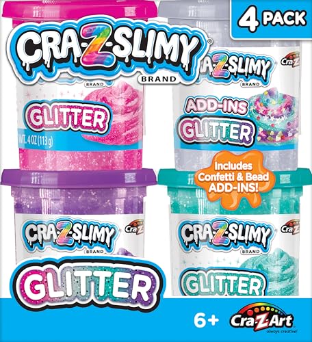 Cra-Z-Slimy 4 Pack Glitter Slime Set – Comes with 3 Colors of Pre-Made Glitter Slime and Glitter Add-Ins Cra-Z-Art