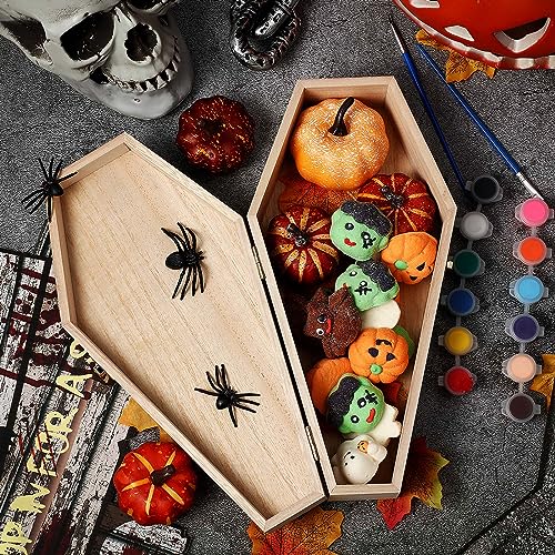 Hiboom 3 Pack Halloween Coffin Box 12 Inch with 3 Paint Set, Small Unfinished Wooden Coffin Box, Wood Serving Tray for Halloween Home Classroom Party