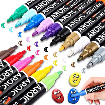 AROIC Paint Pens Paint Markers, 16 colors Oil-Based Waterproof Paint Marker Pen Set On Rock, Wood, Fabric, Metal, Plastic, Glass, Canvas, Mugs,