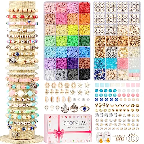 STOPKLAS 7500 Clay Beads Bracelet Making Kit, 28 Colors Flat Round Polymer Clay Beads for Jewelry Making, Spacer Heishi Beads with Pendant Charms