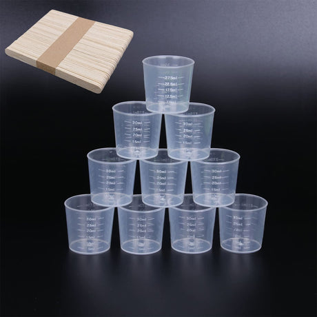 60 Pcs Plastic Graduated Cups 30ml/ 1ounce Transparent Scale Cups Epoxy Mixing Cups, with 50 Pack Wooden Stirring Sticks for Mixing Paint, Stain, Muluo