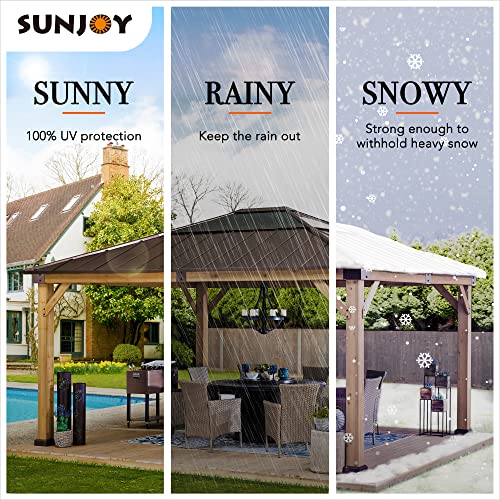 Sunjoy Hardtop Gazebo 13 x 15 ft. Standard Cedar Framed Wood Gazebo with Brown Steel and Polycarbonate Hip Roof Hardtop for Garden, Backyard Shade,