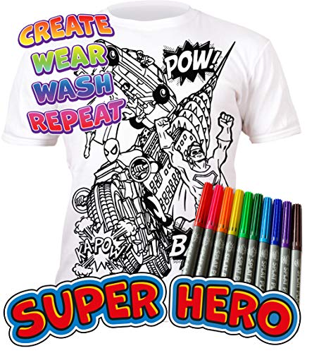 Splat Planet Color in Superhero T-Shirt with 10 Non-Toxic Washable Magic Markers - Color in and Wash Out T-Shirt (9-11 Years) White Splat Planet