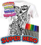 Splat Planet Color in Superhero T-Shirt with 10 Non-Toxic Washable Magic Markers - Color in and Wash Out T-Shirt (9-11 Years) White Splat Planet