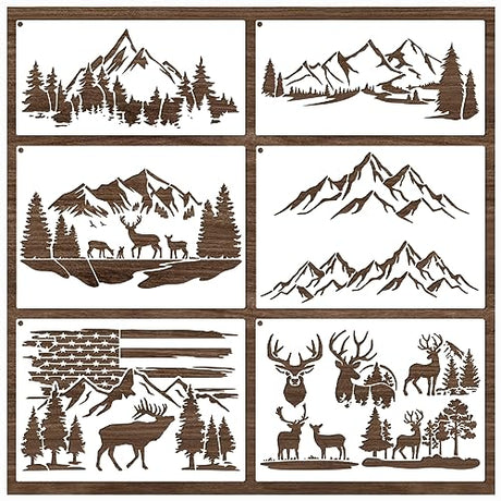 Mountain Stencils for Painting on Wood Burning Stencils and Patterns Reusable Nature Deer Tree Stencils for Crafts Canvas Furniture Wall Drawing yhslmh