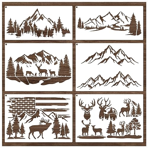 Mountain Stencils for Painting on Wood Burning Stencils and Patterns Reusable Nature Deer Tree Stencils for Crafts Canvas Furniture Wall Drawing - WoodArtSupply